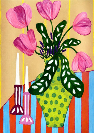 Flower Power by LGDyrby - pink tulips in a spotted green vase beside two candles on a striped table