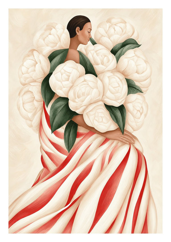 White Peonies by Martina Karlsson - a woman seen from behind in a red-striped gown with an armful of cream peonies