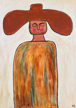 Cowboy by RR - a figure under a broad rust-red hat in an orange cloak on a cream ground