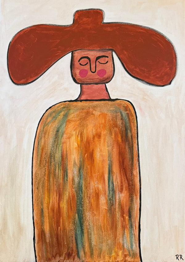 Cowboy by RR - a figure under a broad rust-red hat in an orange cloak on a cream ground