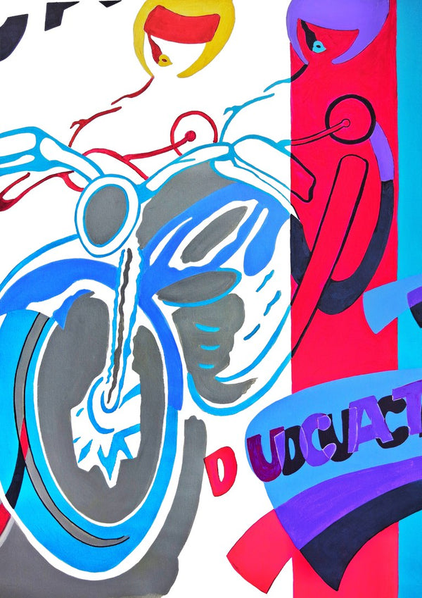 Homage to ducati by NKo - a Ducati drawn close up in blue and grey with two stylised women leaning in