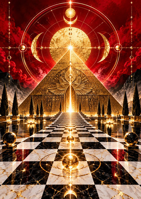 Golden temple by RA - a golden pyramid above a marble floor under a deep red sky