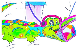 Crocodile rock by NKo - a flower-patterned crocodile in headphones walked on a lead with a boombox