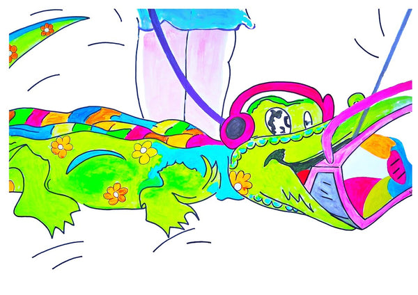 Crocodile rock by NKo - a flower-patterned crocodile in headphones walked on a lead with a boombox