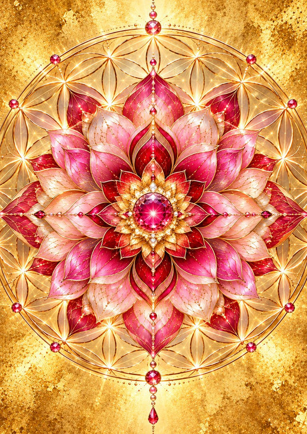 Flower of life by RA - a pink lotus mandala with a jewelled centre on a gold ground