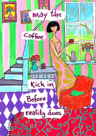 May the Coffee Kick In by Camilla Nilsson - a woman with a cup of coffee in a striped room