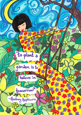 To Plant a Garden by Camilla Nilsson - a woman on a swing among leaves and flowers