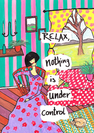 Nothing Is Under Control by Camilla Nilsson - a woman in a striped room with a sleeping cat