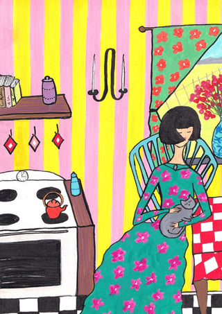 Afternoon with the Cat by Camilla Nilsson - a woman with a grey cat in a pink and yellow kitchen