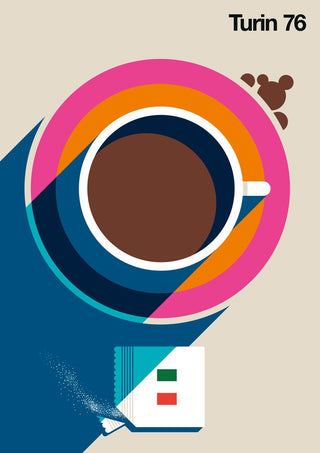 Turin 76 by Bo Lundberg - an espresso seen from above on a pink and orange saucer with a sugar sachet