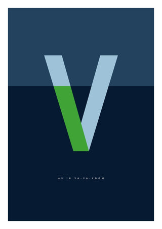 V as in Va-va-voom – Blue by Quite Nice Prints - a pale blue capital V with a green stroke on navy