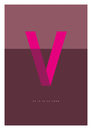 V as in Va-va-voom – Cerise by Quite Nice Prints - a cerise capital V on mauve and deep plum