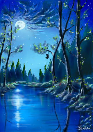 moonlight by Sofia de Lemos - a swing under a full moon over still blue water