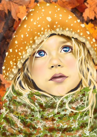 mushroom boy by Sofia de Lemos - a child under a golden toadstool cap among autumn leaves