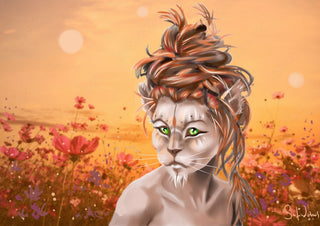 lion woman by Sofia de Lemos - a lion-faced woman in a field of pink cosmos at sunset