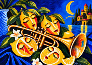 Bittersweet Symphony by Andreas Gerlach - lemons with sleeping faces and a gold trumpet by a blue bay