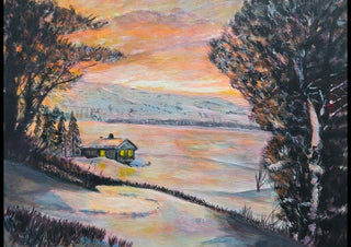 A Winter Retreat by Finbar Stevens - a lit cabin in the snow by a frozen lake at sunset