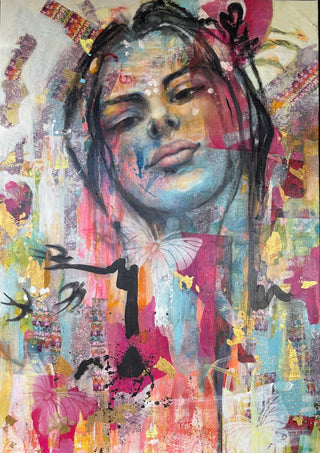 Sehnsucht by Anke Fillies - a woman's face over collaged papers with black birds and butterflies