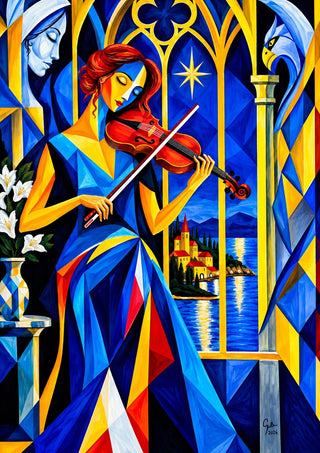 The Violinist at the Window by Andreas Gerlach - a violinist before a gothic window over a lake town