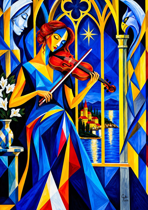 The Violinist at the Window by Andreas Gerlach - a violinist before a gothic window over a lake town