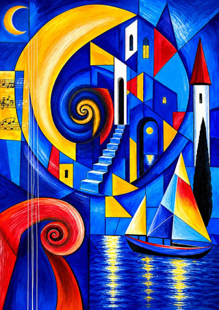 Echo of Times by Andreas Gerlach - a gold crescent above a blue cubist harbour town with a sailing boat