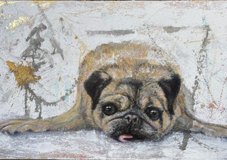 Rough and sweet by Anke Fillies - a pug resting its head on its paws against a scraped grey wall