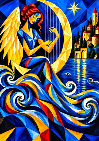 Luna by Andreas Gerlach - a winged figure playing a gold crescent moon as a harp above curling waves