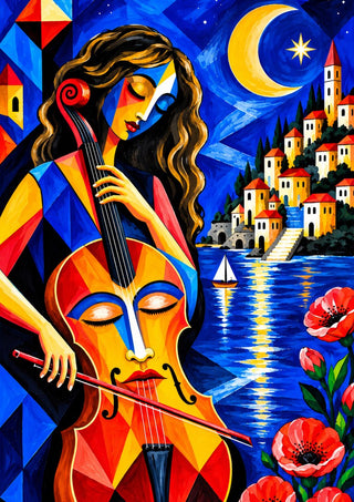 Melody of the Blue Night by Andreas Gerlach - a woman playing a cello under a crescent moon by the sea