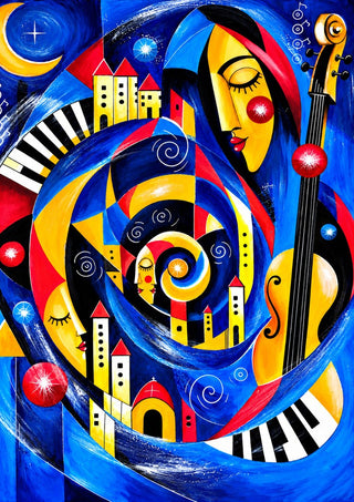 Symphony of Dreams by Andreas Gerlach - a blue spiral of houses, piano keys and sleeping faces