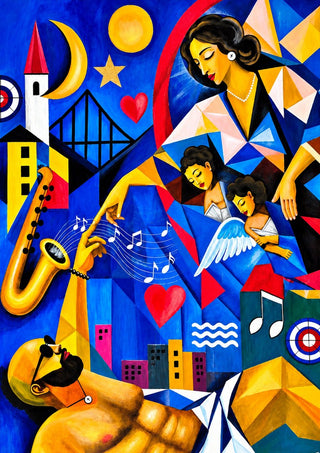 The Divine Touch by Andreas Gerlach - a gold saxophone and singing figures across a blue cubist city