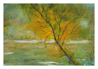 Tree in Gold Light by luco art - a bare tree against gold foliage over a pale green field