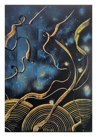 Gold Ribbons at Night by luco art - gold ribbons curling over a deep blue-black ground