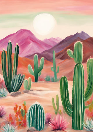 Cactus desert by Ohkimiko - green cacti before pink mountains and a pale sun