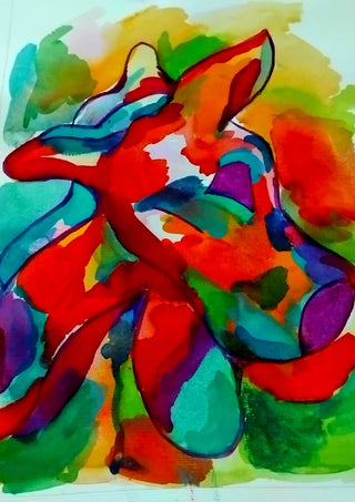 Color Pitbull 2 by Nittaart - a dog's head in a red outline with turquoise, purple and orange watercolour