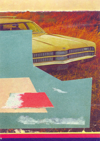 Station Wagon No.4 by Kareem Rizk - a gold station wagon cut into pale blue-grey and red paper