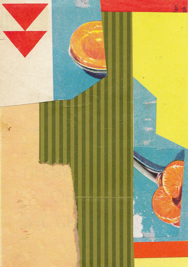 Peach & Mandarin by Kareem Rizk - cut photographs of peach and mandarin with an olive pinstriped panel