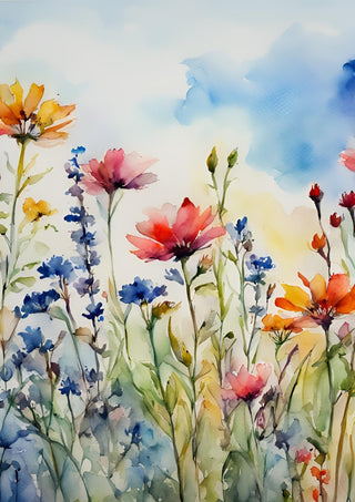 Wildflowers by Ohkimiko - a watercolour meadow of red poppies and blue cornflowers
