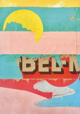 BEL-M by Kareem Rizk - weathered sign lettering and a yellow disc across bands of teal, pink and red