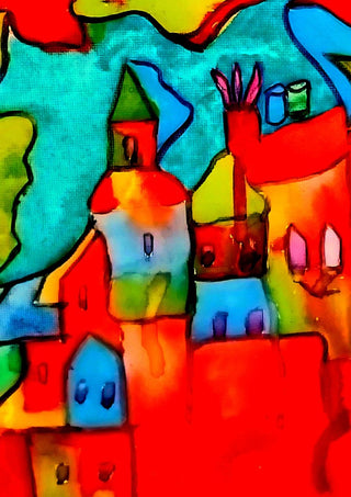 The Village by Nittaart - stacked houses and a church tower in red, orange and turquoise