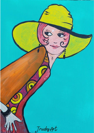 Frau mit Hut by Trude - a woman in a wide yellow sun hat and rust-orange coat on turquoise