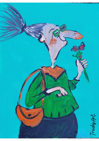 Mit spitzer Nase und weichem Kern by Trude - a sharp-nosed woman in green glasses holding a bunch of red flowers