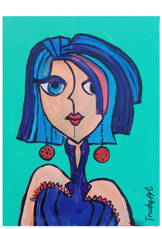 Lady Kontrast by Trude - a split-faced portrait with a cobalt and pink bob on flat green