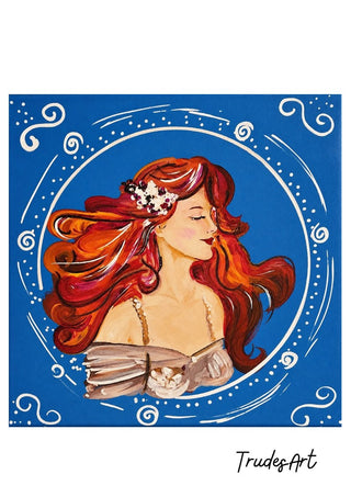 Luna in Blüte by Trude - a red-haired woman in profile inside a white ring of spirals on deep blue