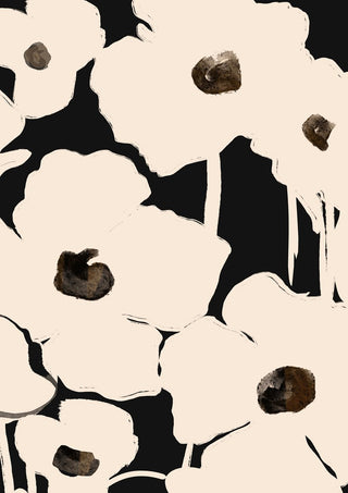 Abstract Flowers by ThingDesign - cream poppies with dark centres on a black ground