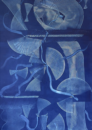 Curved lines / blue field by Linor Citaku - fans and combed white lines scratched into a deep cobalt ground