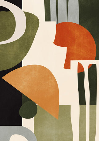 Abstract Art 42 by ThingDesign - flat olive, rust and orange shapes on a cream ground