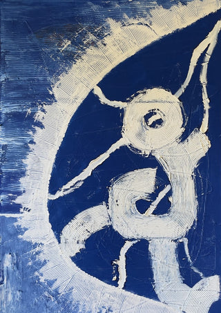 Fragility by Linor Citaku - combed white impasto curving across a deep blue ground