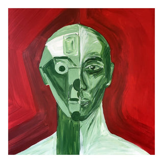 Green portrait / red field by Linor Citaku - a half-faceted green face against a deep red ground