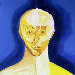 Ochre portrait / blue field by Linor Citaku - a half-faceted ochre face against a deep blue ground