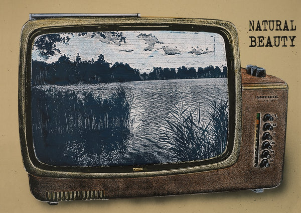 Natural Beauty by Carl Smith ART - a wood cased vintage TV showing a blue lake landscape
